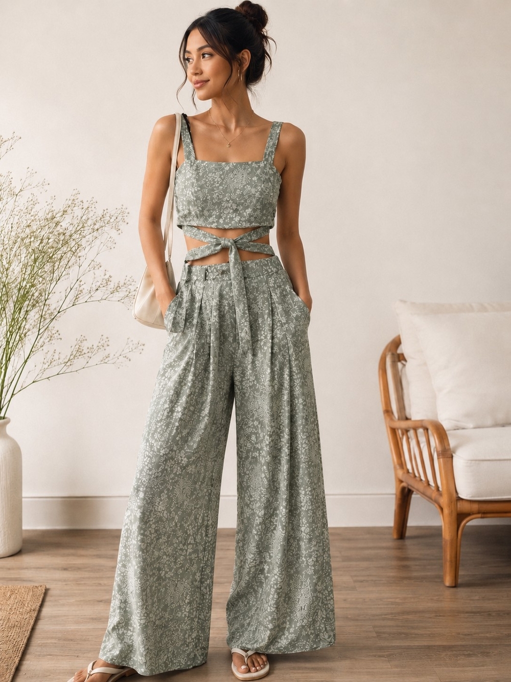 Sage Floral Two-Piece Wide Leg Pants Set – Size M
